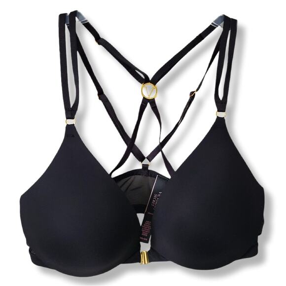 VS Victoria Secret Black Very Sexy Plunge Push Up Bra 32D Cage Crystal Strappy - Picture 3 of 12